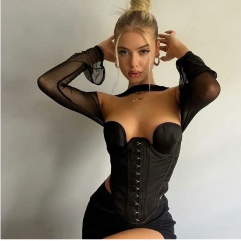House of CB Black Mesh Sleeve Corset Top
